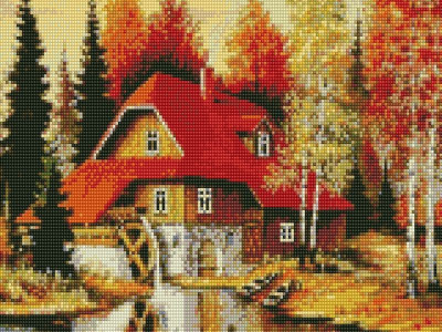 Алмазная мозаика с нанесенной рамкой 40х50 ВОДЯНАЯ МЕЛЬНИЦА (34 цвета)