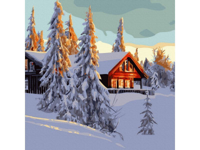 Картина по номерам 30х30 ДОМИК В ЗИМНЕМ ЛЕСУ (18 цветов)